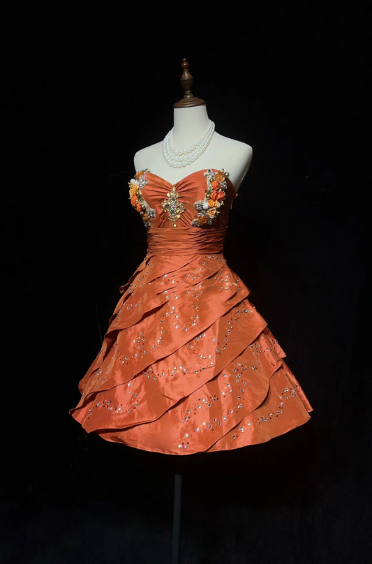 Hermoso vestido de fiesta con escote corazón de tafetán naranja en capas, vestidos formales para el regreso a casa de séptimo grado, vestido de graduación corto para escuela secundaria, atuendos de cóctel y cumpleaños DH1449