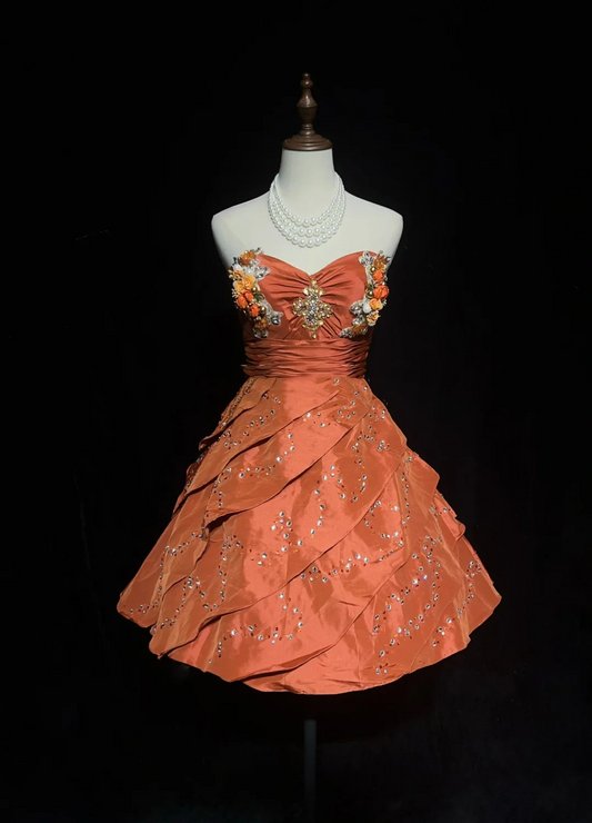 Hermoso vestido de fiesta con escote corazón de tafetán naranja en capas, vestidos formales para el regreso a casa de séptimo grado, vestido de graduación corto para escuela secundaria, atuendos de cóctel y cumpleaños DH1449