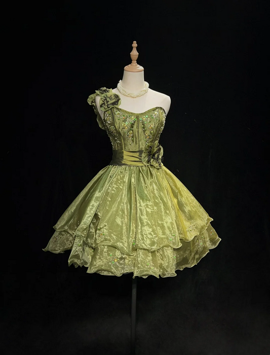 Hermoso vestido de fiesta de un solo hombro en organza verde oliva con capas, vestidos formales para el regreso a casa de séptimo grado, vestido de fiesta corto para escuela secundaria, atuendos de cóctel y cumpleaños DH1450
