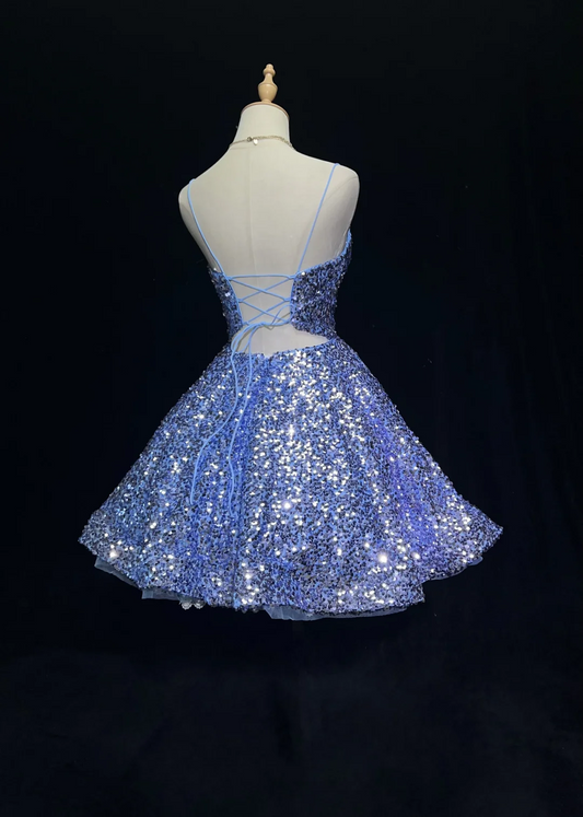 Cute Ball Gown Spaghetti Straps Blue Sequin Short Mini Formal 8th Grade Homecoming Dresses Middle School Cocktail Night Dress Hoco Outfits DH1452