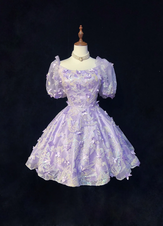 Sexy Ball Gown Square Neck Short Sleeves Lilac Tulle Short Mini Formal 7th Grade Homecoming Dresses Middle School Cocktail Night Dress Hoco Outfits DH1554