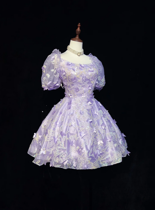 Sexy Ball Gown Square Neck Short Sleeves Lilac Tulle Short Mini Formal 7th Grade Homecoming Dresses Middle School Cocktail Night Dress Hoco Outfits DH1554