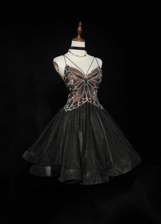 Cute Ball Gown Spaghetti Straps Black Tulle Backless Short Mini Formal 8th Grade Homecoming Dresses Middle School Cocktail Night Dress Hoco Outfits DH1455