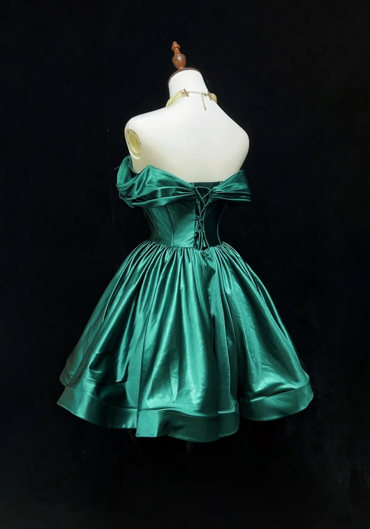 Trendy Ball Gown Off The Shoulder Green Satin Mini Short Formal 8th Grade Homecoming Dresses Middle School Hoco Dress Cocktail Outfits DH1456