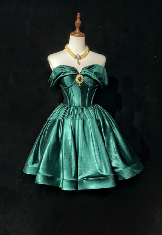 Trendy Ball Gown Off The Shoulder Green Satin Mini Short Formal 8th Grade Homecoming Dresses Middle School Hoco Dress Cocktail Outfits DH1456