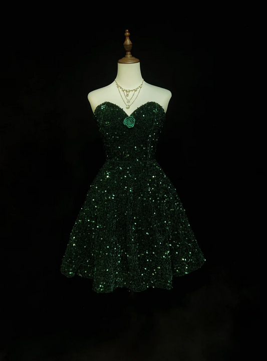Trendy Ball Gown Sweetheart Dark Green Sequin Mini Short Formal 8th Grade Homecoming Dresses Middle School Hoco Dress Cocktail Outfits DH1457