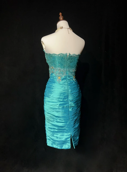 Vestido de cóctel vintage de satén azul, sin tirantes, hasta la rodilla, para octavo grado, para escuela secundaria, Hoco Outfits DH1461