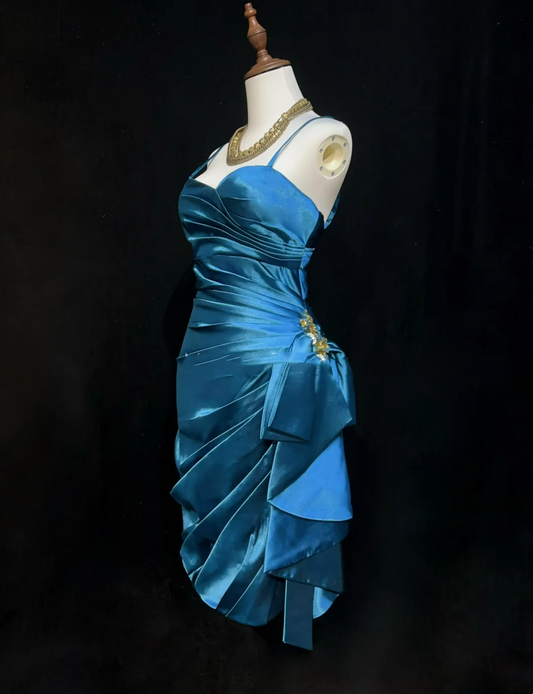 Vestido de cóctel azul a la moda con tirantes finos y largo hasta la rodilla para octavo grado, para escuela secundaria, Hoco Outfits DH1463