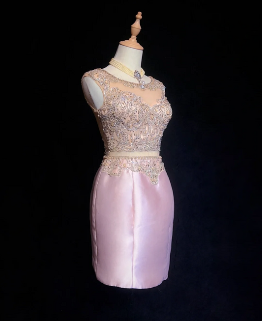 Vestido de fiesta vintage de satén rosa, corto, con escote redondo, para octavo grado, cóctel, escuela secundaria, minivestidos DH1467