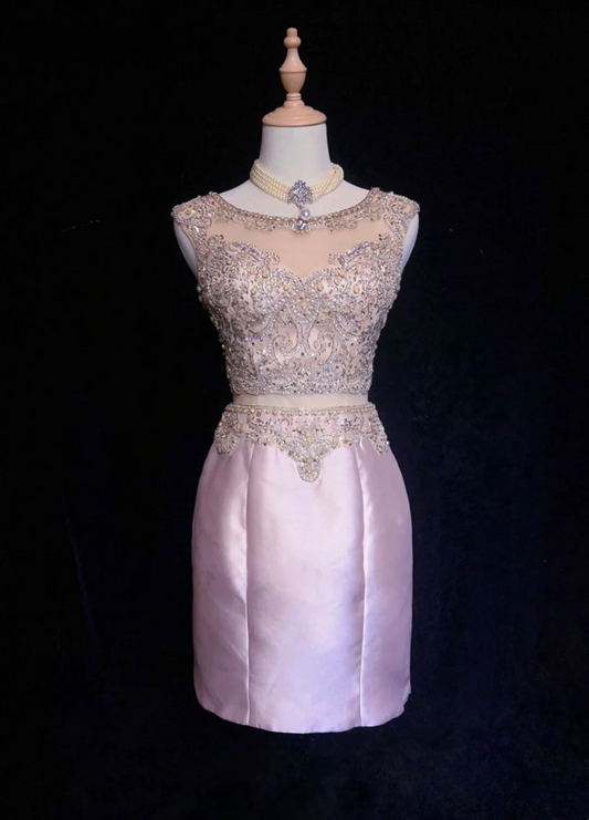 Vestido de fiesta vintage de satén rosa, corto, con escote redondo, para octavo grado, cóctel, escuela secundaria, minivestidos DH1467