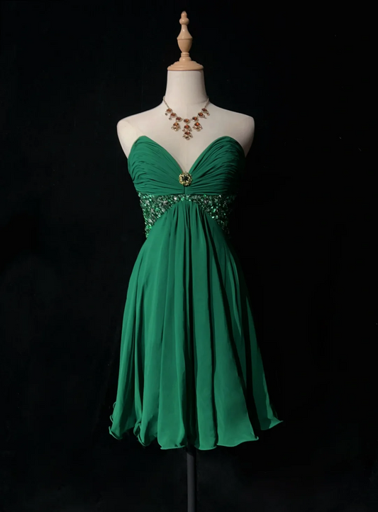 Vestido vintage de corte A con escote en forma de corazón, de gasa verde, corto, formal para octavo grado, vestido de cóctel para secundaria, minivestidos de fiesta DH1468