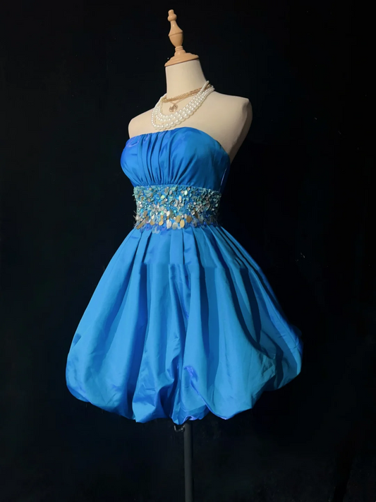 Vestido de fiesta vintage sin tirantes, de satén azul, corto, mini, formal, para octavo grado, vestido de cóctel para secundaria, trajes Hoco DH1469