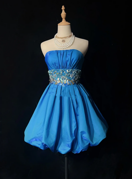 Vestido de fiesta vintage sin tirantes, de satén azul, corto, mini, formal, para octavo grado, vestido de cóctel para secundaria, trajes Hoco DH1469