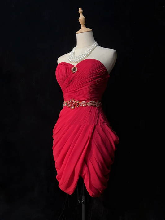 Vestido corto de fiesta vintage de gasa roja con escote en forma de corazón para octavo grado, vestido de cóctel para secundaria, minivestidos de fiesta DH1469