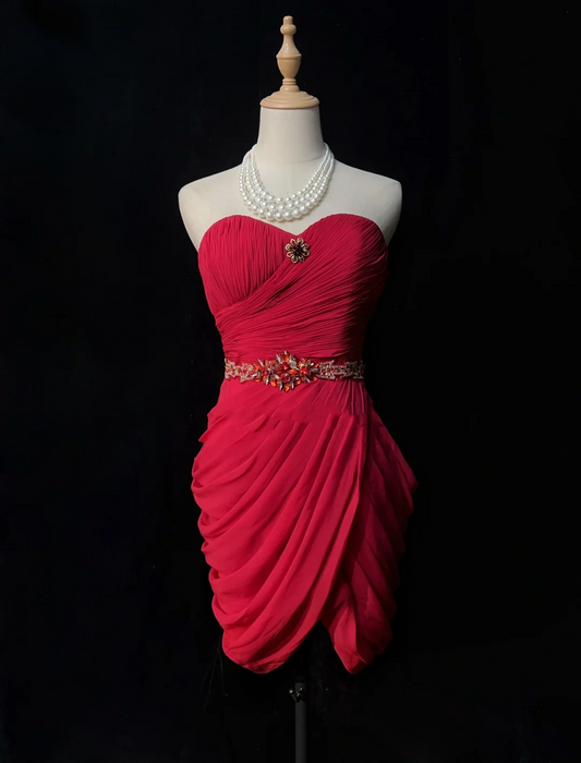 Vestido corto de fiesta vintage de gasa roja con escote en forma de corazón para octavo grado, vestido de cóctel para secundaria, minivestidos de fiesta DH1469