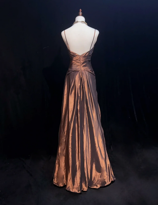 Hermosos vestidos largos de fiesta de tafetán marrón con tirantes finos y corte en A, para verano, para 20 cumpleaños y 18 años, DH1470