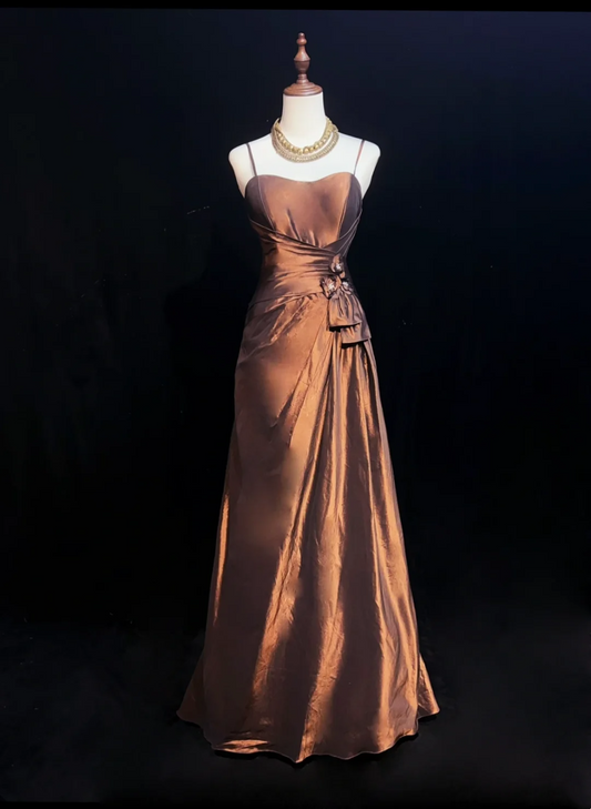 Hermosos vestidos largos de fiesta de tafetán marrón con tirantes finos y corte en A, para verano, para 20 cumpleaños y 18 años, DH1470