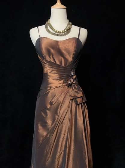 Hermosos vestidos largos de fiesta de tafetán marrón con tirantes finos y corte en A, para verano, para 20 cumpleaños y 18 años, DH1470