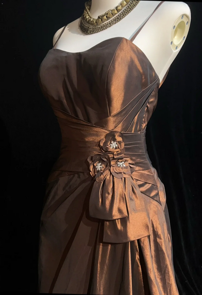 Hermosos vestidos largos de fiesta de tafetán marrón con tirantes finos y corte en A, para verano, para 20 cumpleaños y 18 años, DH1470