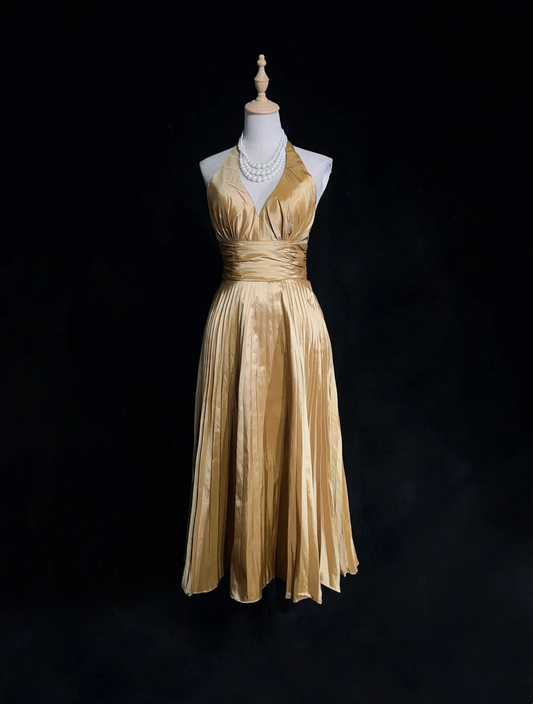 Vestido de fiesta vintage de tafetán dorado, corte A, largo hasta la rodilla, para octavo grado, vestido de cóctel para secundaria, Hoco Outfits DH1473