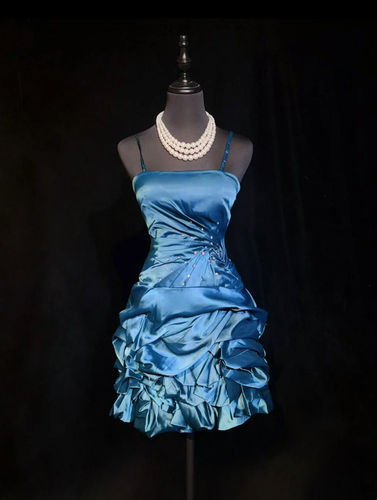 Vestido de fiesta vintage con tirantes finos, de satén azul, corto, mini, formal, para octavo grado, vestido de cóctel para secundaria, trajes Hoco DH1475