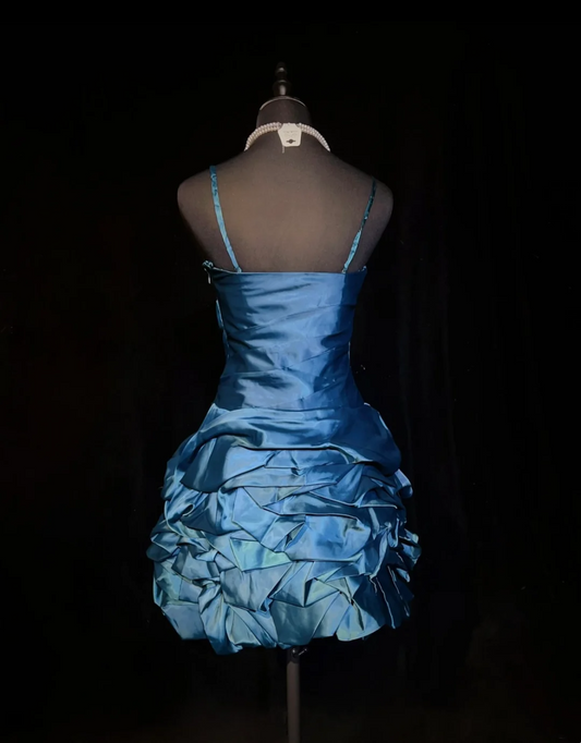 Vestido de fiesta vintage con tirantes finos, de satén azul, corto, mini, formal, para octavo grado, vestido de cóctel para secundaria, trajes Hoco DH1475