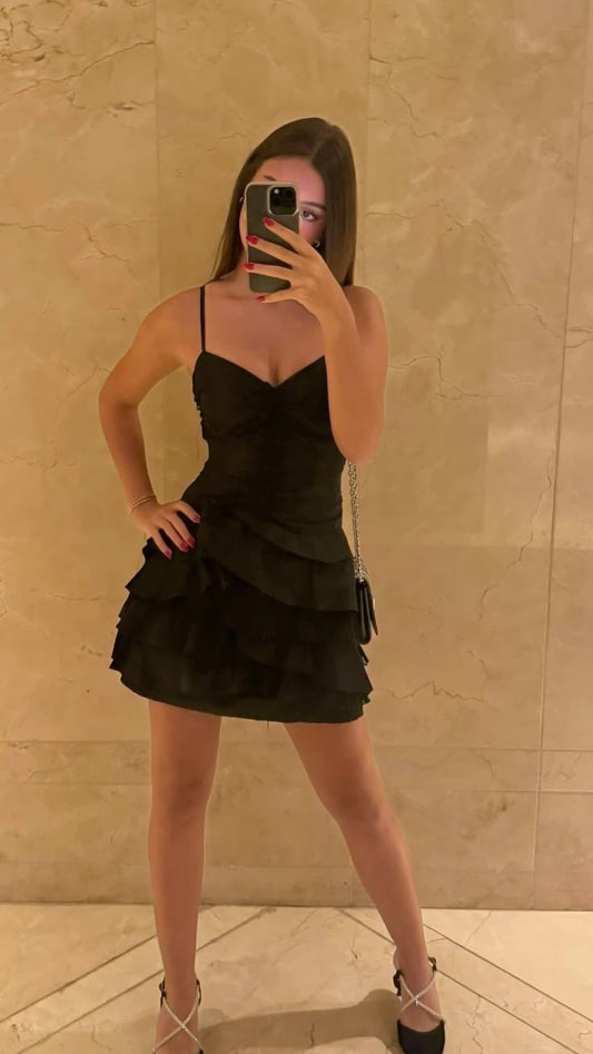 Vestido negro corto con tirantes finos, corte A, para fiesta de 8.º grado, de verano, para escuela secundaria, DH148
