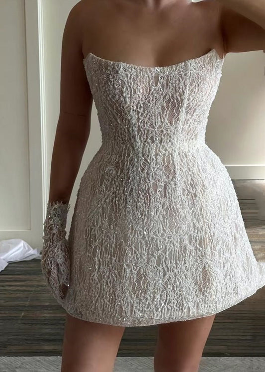 Vestido de novia modesto de corte A, sin tirantes, de verano, corto, de encaje, para novia, DH15