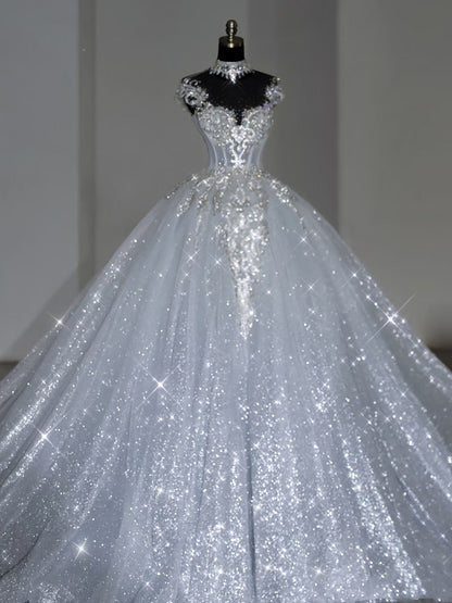 Unique Bridal Dress Ball Gown Scoop White Sequin Long Wedding Dresses Luxury Bride Dress Bridal Gowns DH1519