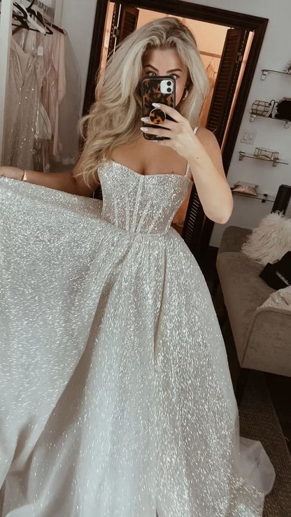Unique Bridal Dress A Line Spaghetti Straps White Sequin Long Wedding Dresses Luxury Bride Dress Bridal Gowns DH1520