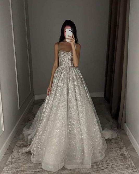 Unique Bridal Dress A Line Spaghetti Straps White Sequin Long Wedding Dresses Luxury Bride Dress Bridal Gowns DH1520
