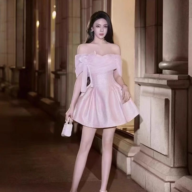 Vestido corto rosa con lentejuelas y hombros descubiertos, sexy, para fiesta de bienvenida de séptimo grado, vestido de cóctel para escuela secundaria, Hoco Outfits DH1531