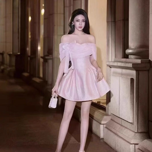 Vestido corto rosa con lentejuelas y hombros descubiertos, sexy, para fiesta de bienvenida de séptimo grado, vestido de cóctel para escuela secundaria, Hoco Outfits DH1531