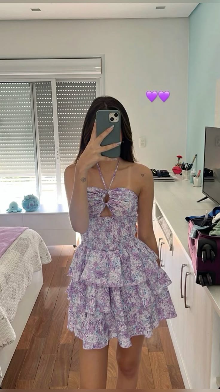 Lindo vestido corto de fiesta de verano con cuello halter color lila, estilo mini formal para octavo grado, DH155
