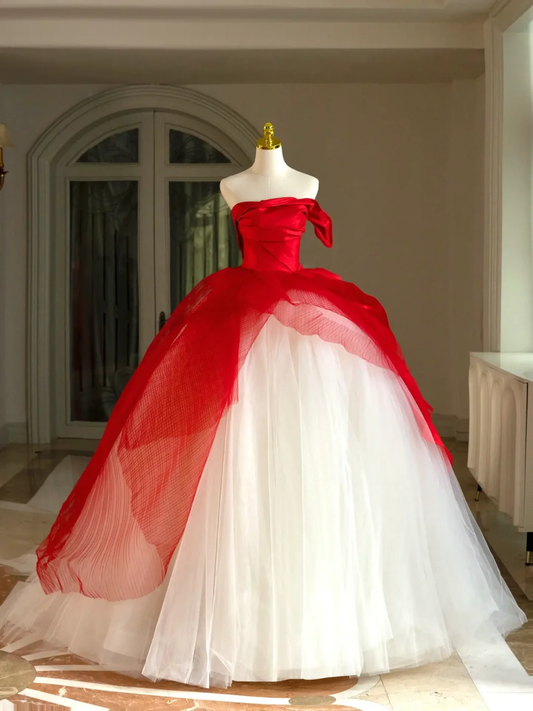 Vestido de quinceañera rojo, sin tirantes, sin mangas, de tul, para 15 años, DH1561