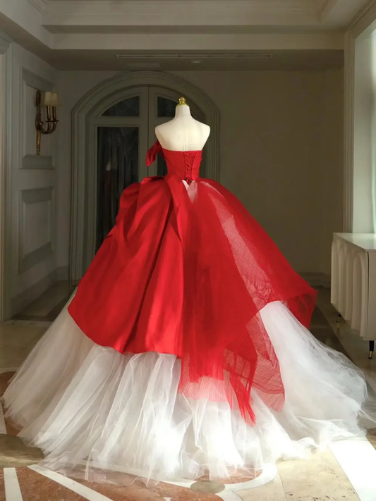 Vestido de quinceañera rojo, sin tirantes, sin mangas, de tul, para 15 años, DH1561