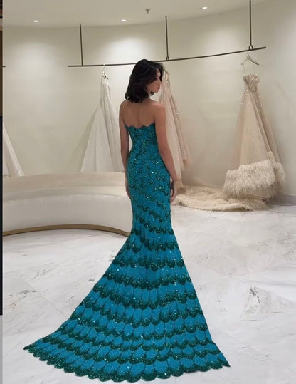 Elegante vestido de fiesta azul con lentejuelas y corte entallado, sin tirantes, para verano, para 22 cumpleaños y 18 años, DH1584