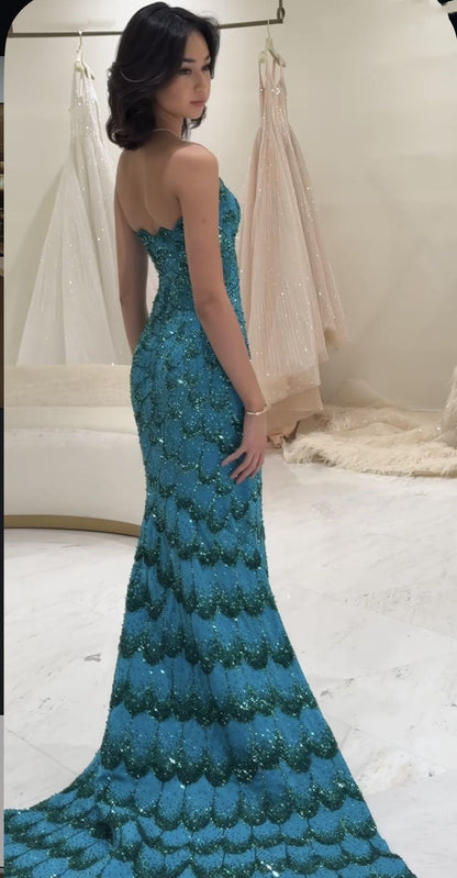 Elegante vestido de fiesta azul con lentejuelas y corte entallado, sin tirantes, para verano, para 22 cumpleaños y 18 años, DH1584