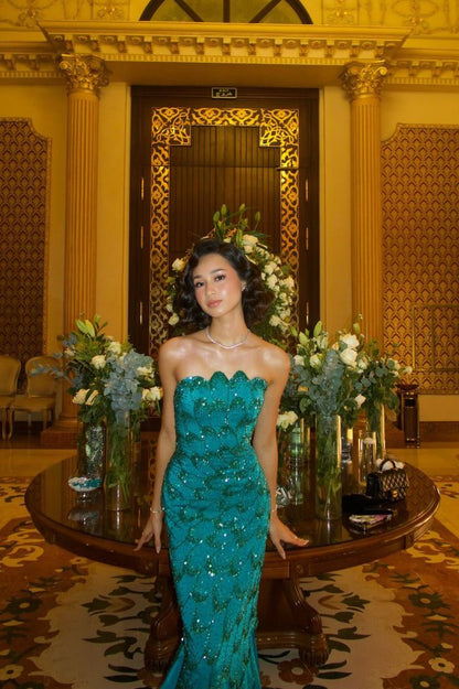 Elegante vestido de fiesta azul con lentejuelas y corte entallado, sin tirantes, para verano, para 22 cumpleaños y 18 años, DH1584