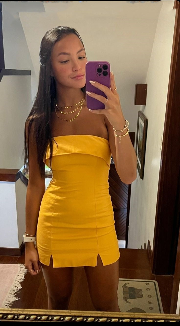Lindos vestidos de fiesta de satén amarillo sin tirantes para octavo grado, vestido de verano para escuela secundaria, atuendos para fiesta de bienvenida DH160