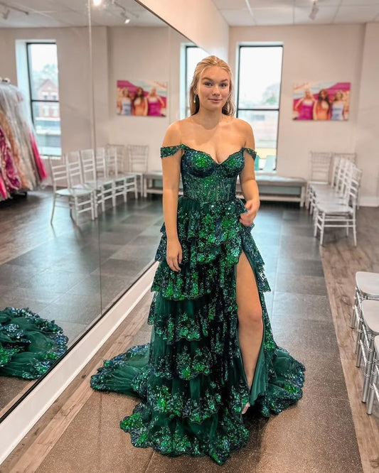 Elegante vestido de fiesta largo de encaje verde con hombros descubiertos y abertura en la espalda, vestido de fiesta de verano para 22 cumpleaños, vestidos para 18 cumpleaños DH1612