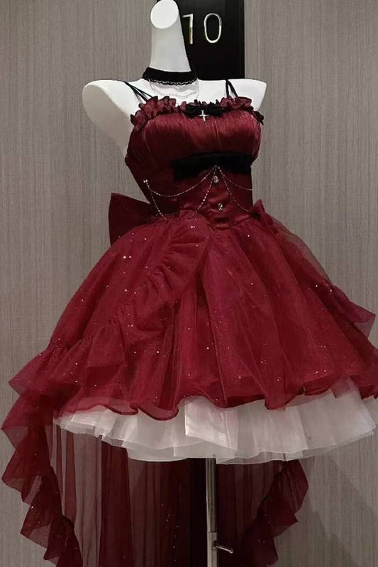 Vestido de fiesta corto con tirantes finos color burdeos, minivestido formal para octavo grado, vestido de cóctel para secundaria, atuendos Hoco, vestido Lolita DH1617