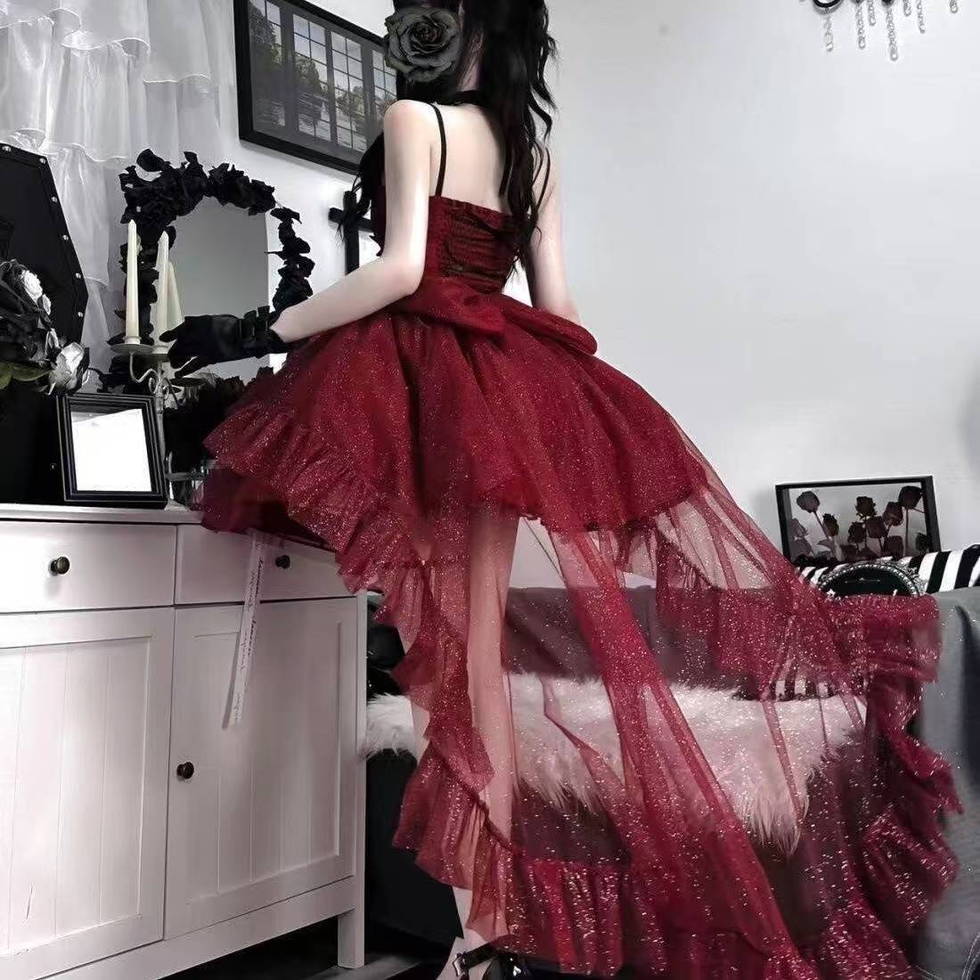 Vestido de fiesta corto con tirantes finos color burdeos, minivestido formal para octavo grado, vestido de cóctel para secundaria, atuendos Hoco, vestido Lolita DH1617