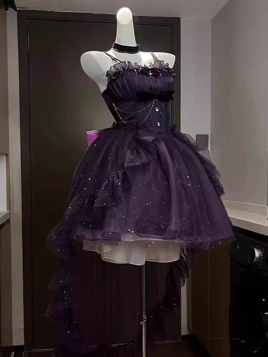 Vestido de fiesta corto con tirantes finos en color uva, estilo mini, formal, para octavo grado, cóctel, escuela secundaria, estilo Hoco, vestido Lolita DH1618