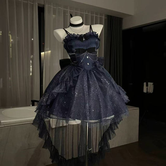 Vestido de fiesta con tirantes finos, estilo gótico azul marino, para 8.º grado, de cóctel, para secundaria, estilo Hoco, estilo Lolita, DH1621