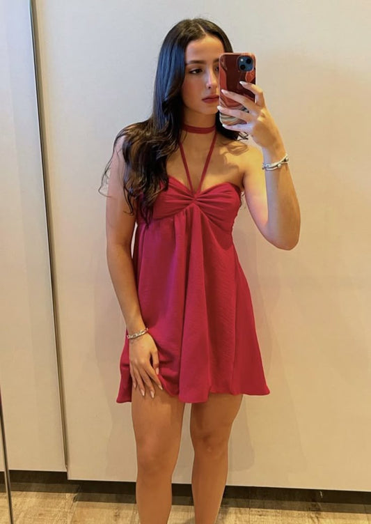 Lindo vestido corto de fiesta de verano con cuello halter, color rosa intenso, para octavo grado, estilo formal, estilo Hoco, para escuela secundaria, DH162