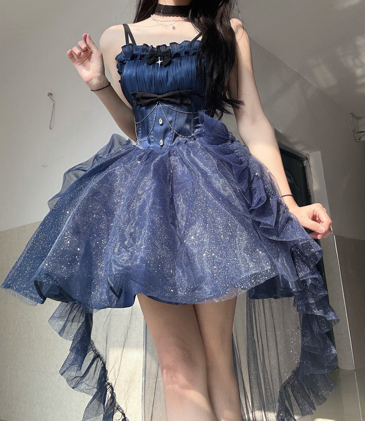 Vestido de fiesta con tirantes finos, estilo gótico azul marino, para 8.º grado, de cóctel, para secundaria, estilo Hoco, estilo Lolita, DH1620