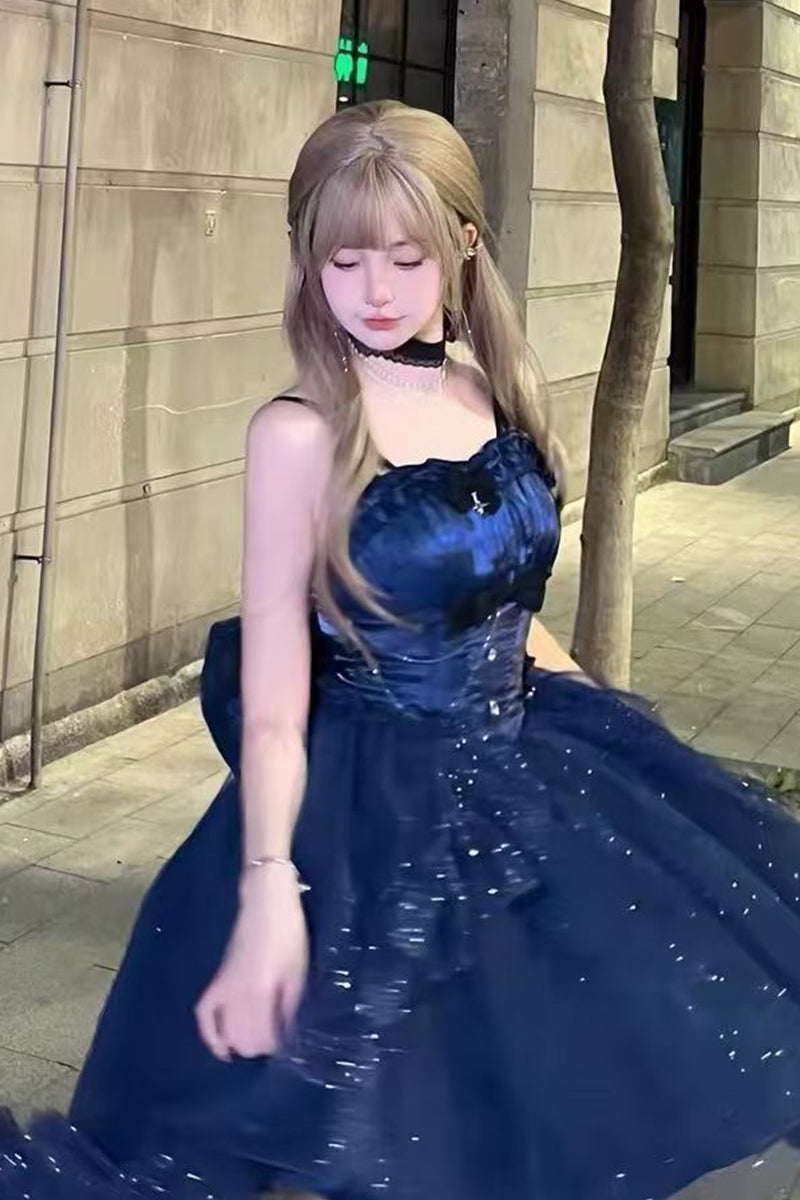 Vestido de fiesta con tirantes finos, estilo gótico azul marino, para 8.º grado, de cóctel, para secundaria, estilo Hoco, estilo Lolita, DH1620