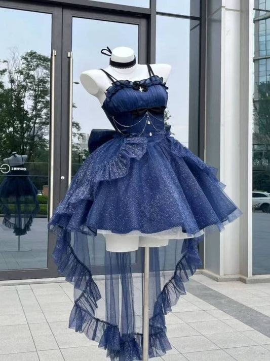 Vestido de fiesta con tirantes finos, estilo gótico azul marino, para 8.º grado, de cóctel, para secundaria, estilo Hoco, estilo Lolita, DH1620
