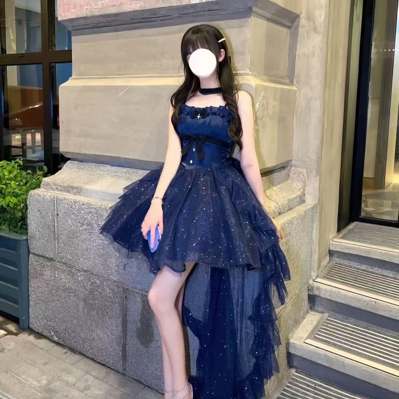 Vestido de fiesta con tirantes finos, estilo gótico azul marino, para 8.º grado, de cóctel, para secundaria, estilo Hoco, estilo Lolita, DH1620